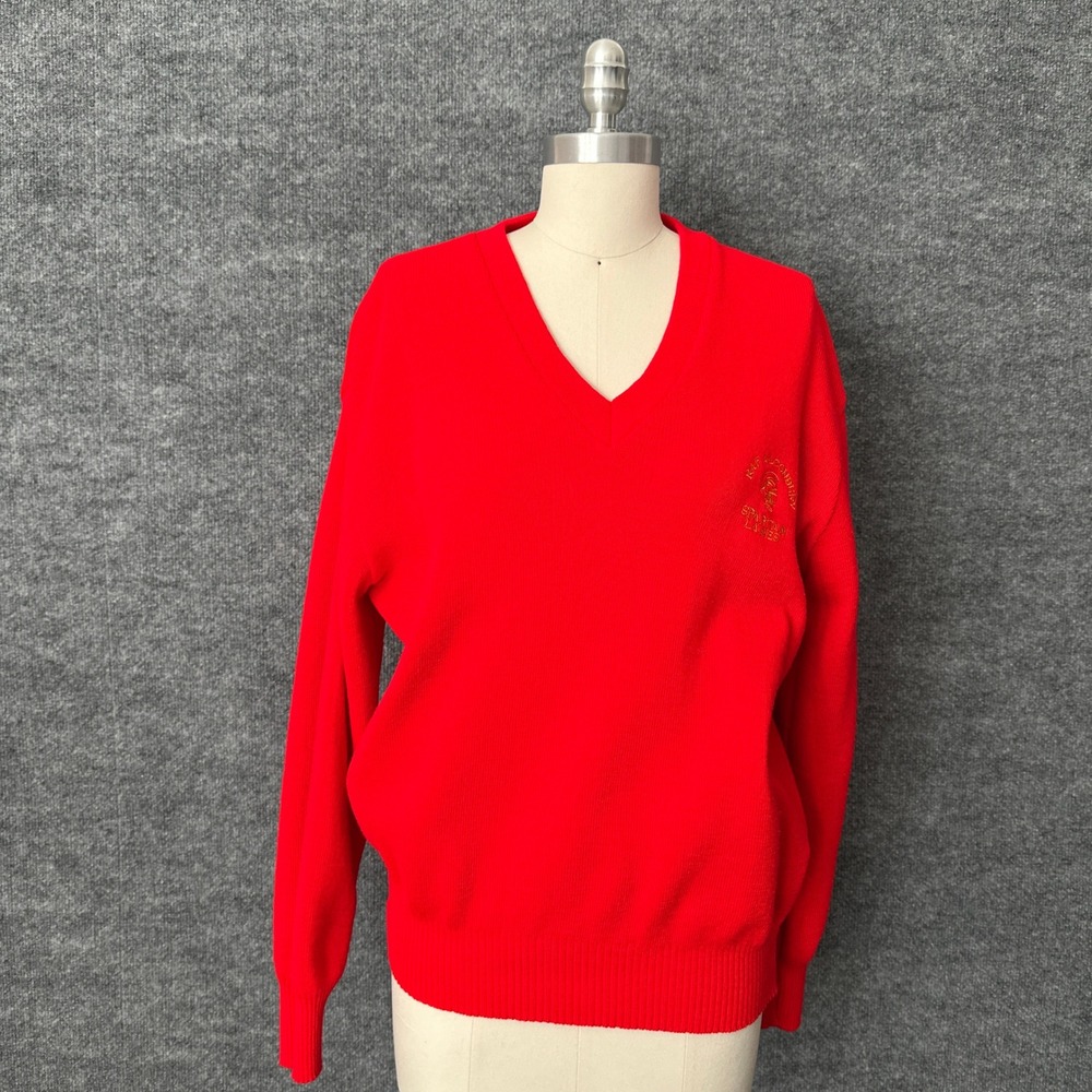 Vintage 60s 70s Bowling Sweater Unisex M Orange Spartan Lanes England V-Neck - Picture 3 of 12